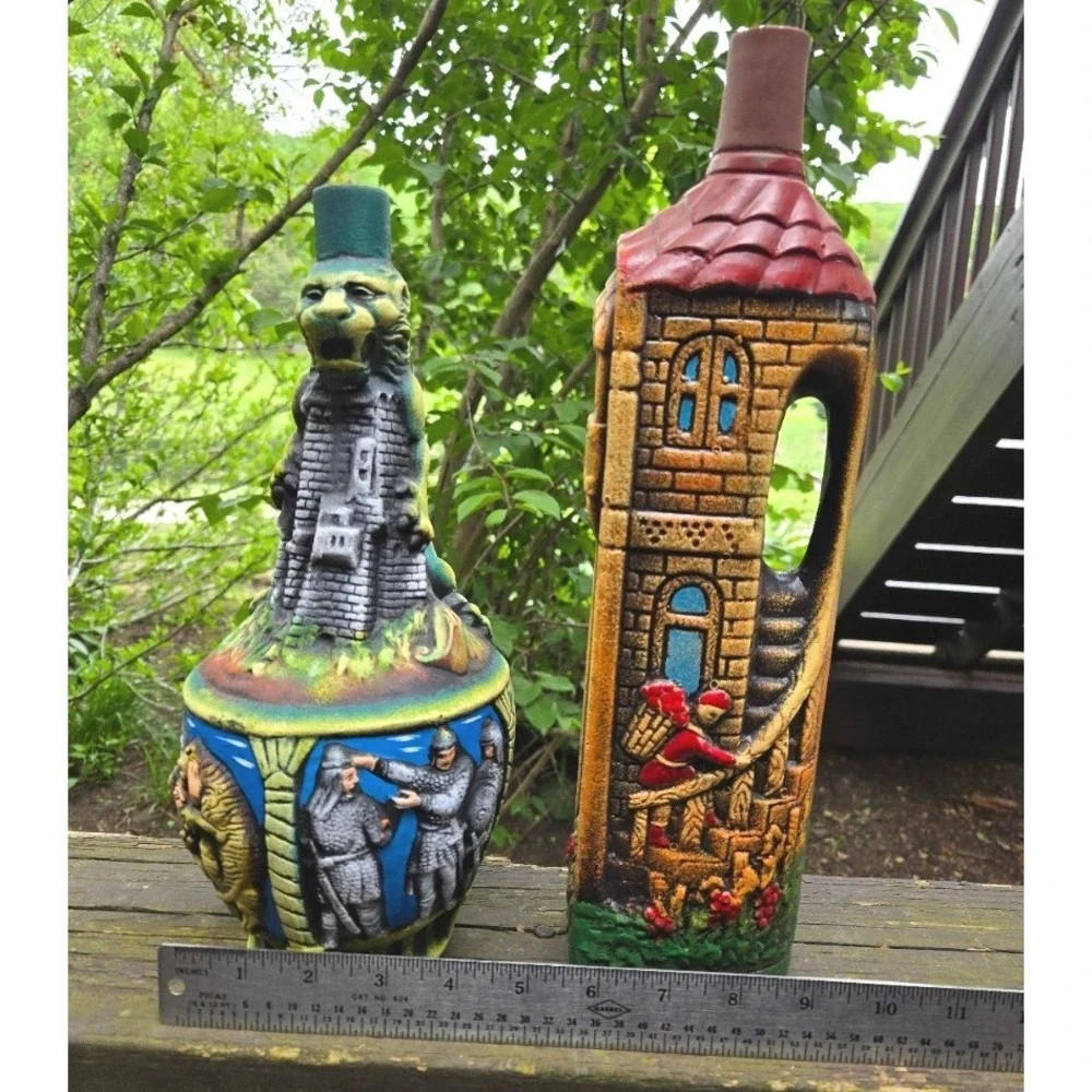Vintage‎ USSR Georgian Ceramic Wine Bottle Pair Tower Lion Decanter